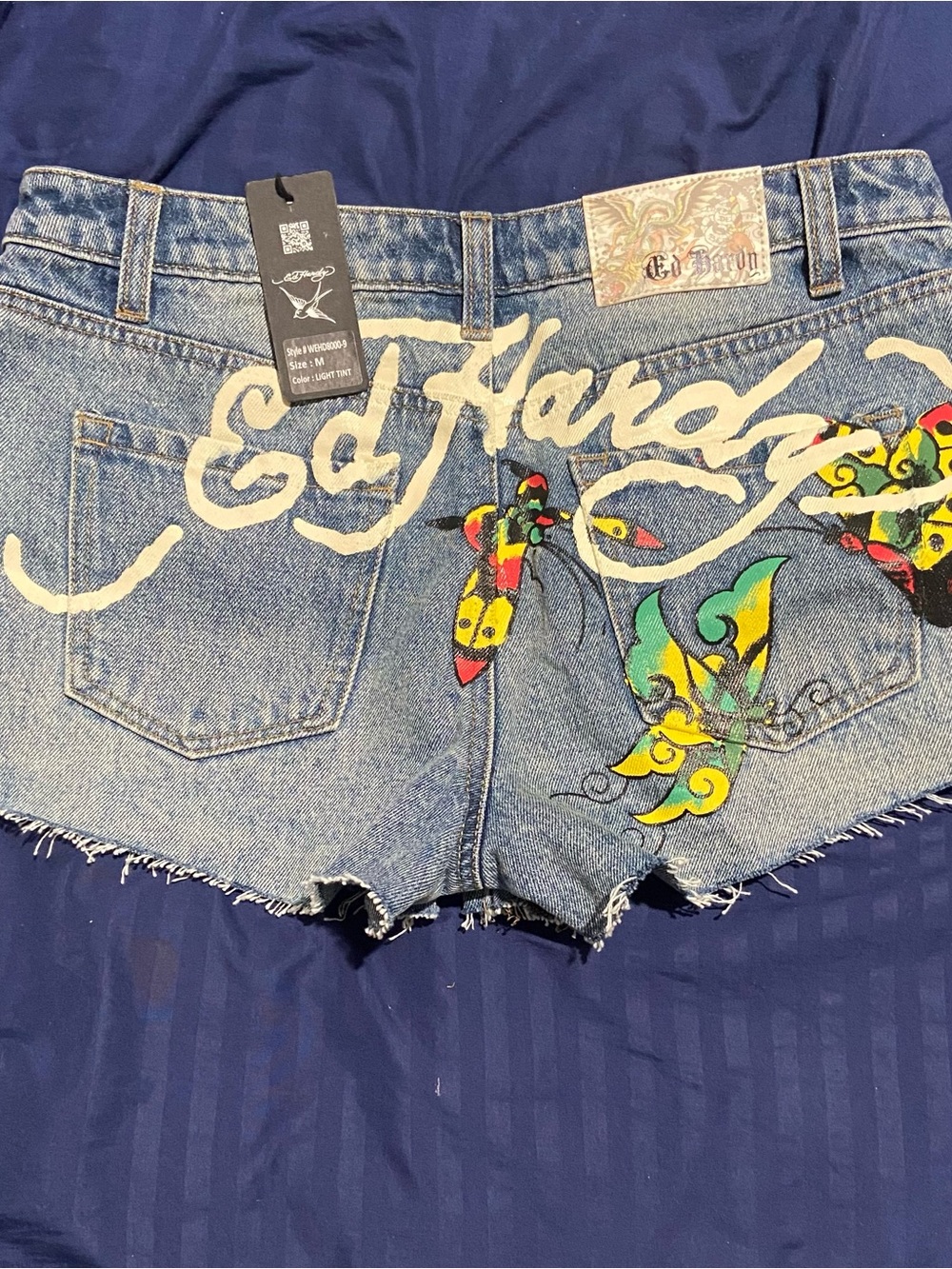 Ed Hardy Light Wash Denim Butterfly Jean Shorts with Logo - Picture 2 of 6